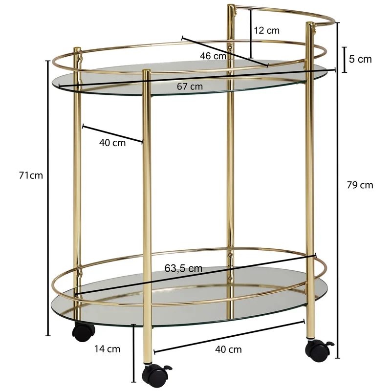 Servierwagen Gold 67x79cm Glasplatte Weiß Rollen Beistelltisch