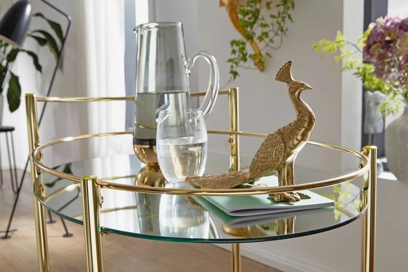 Servierwagen Gold 67x79cm Glasplatte Weiß Rollen Beistelltisch
