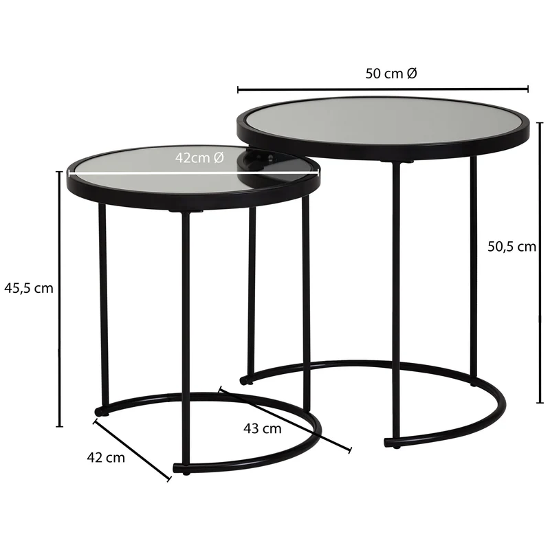 Beistelltisch 2er Set Rund Ø50/42cm Schwarz Spiegelglas Wohnzimmertisch