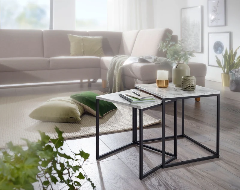 Beistelltisch 2er Set Marmoroptik Weiß Schwarzgestell Modern