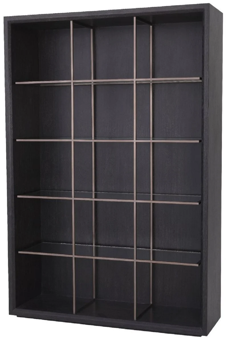 Casa Padrino Luxus Regalschrank mit 4 Glasregalen Anthrazitgrau / Kupferfarben 150 x 46 x H. 221,5 cm - Bücherschrank - Wohnzimmerschrank - Büroschrank - Luxus Schrank