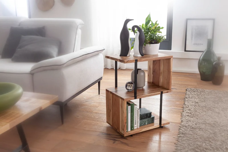 Beistelltisch S-Form 45x60x30cm Akazie Metall Industrial Wohnzimmer