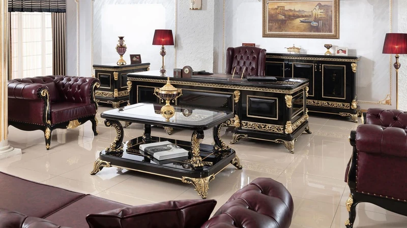 Casa Padrino Luxus Barock Büromöbel Set Bordeauxrot / Schwarz / Gold - 1 Barock Schreibtisch & 1 Barock Chesterfield Bürostuhl mit edlem Kunstleder - Prunkvolle Barock Büromöbel