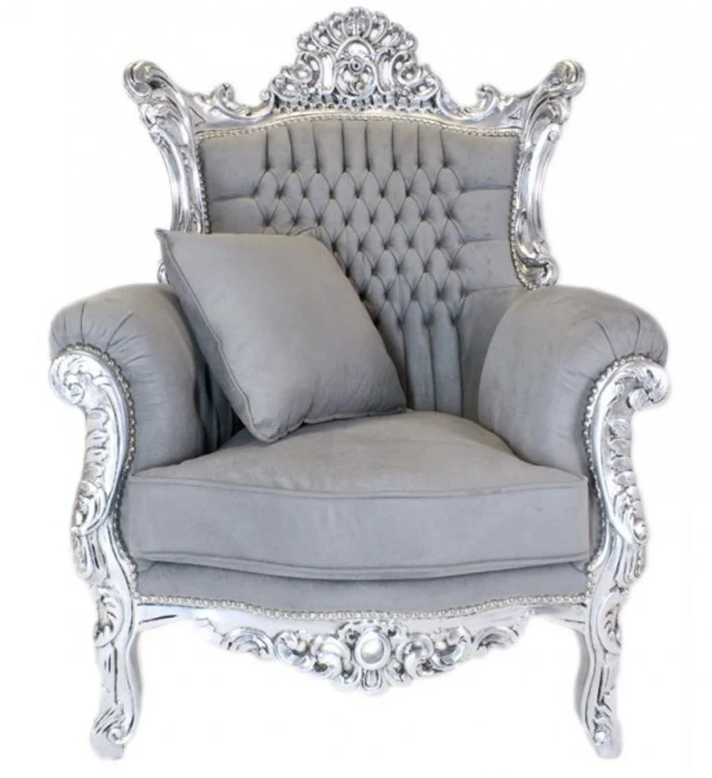 Casa Padrino Barock Sessel Al Capone im Antikstil mit Kissen grau / silber, 85 x 65 x 127 cm