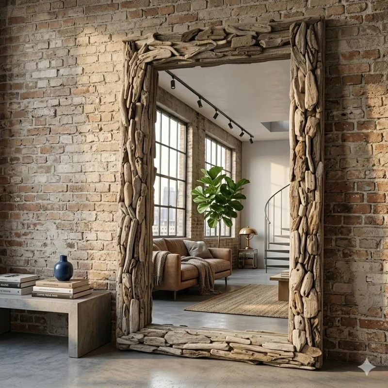 Unikat Spiegel MOSAIK 200cm Treibholz grau-braun Massivholz
