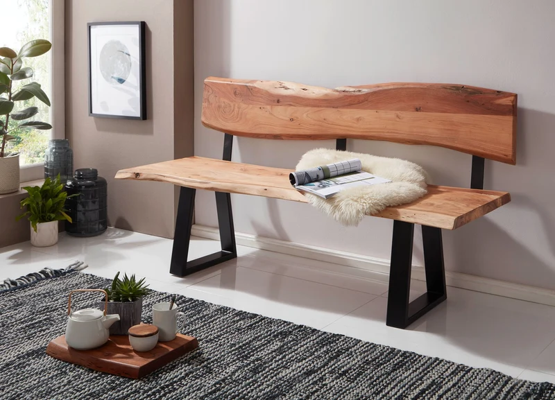 Esszimmerbank GAYA 160cm Akazie Massivholz Baumkante Landhausstil