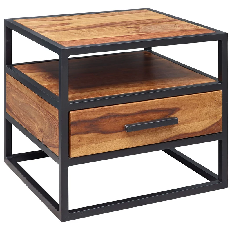 Nachtkonsole WL5.624 Sheesham Holz Metall Schwarz Schublade Industrial