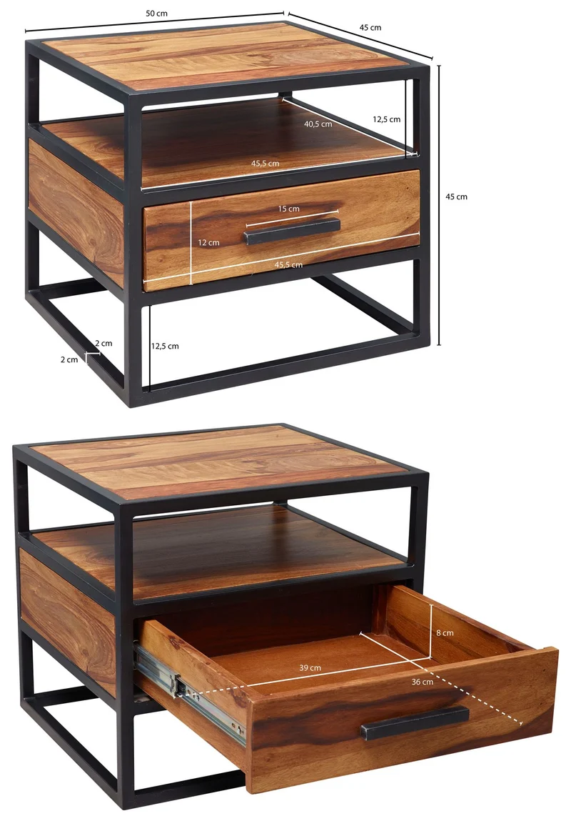 Nachtkonsole WL5.624 Sheesham Holz Metall Schwarz Schublade Industrial