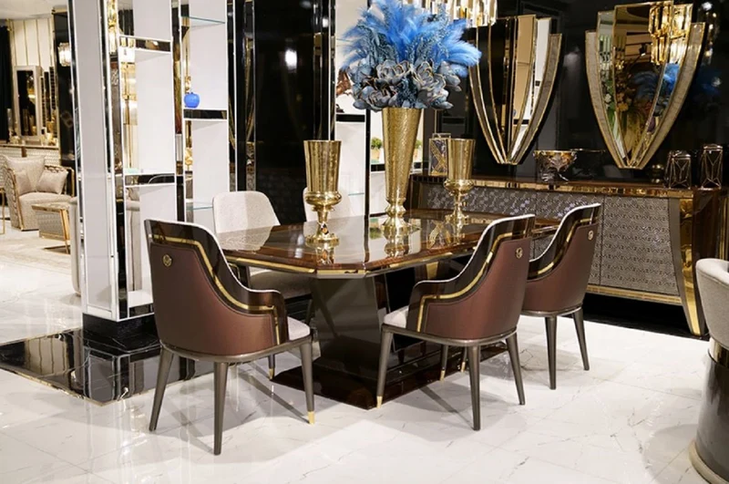 Casa Padrino Luxus Esszimmer Set Grau / Braun / Gold - 1 Esstisch & 6 Esszimmerstühle - Luxus Esszimmer Möbel - Luxus Qualität