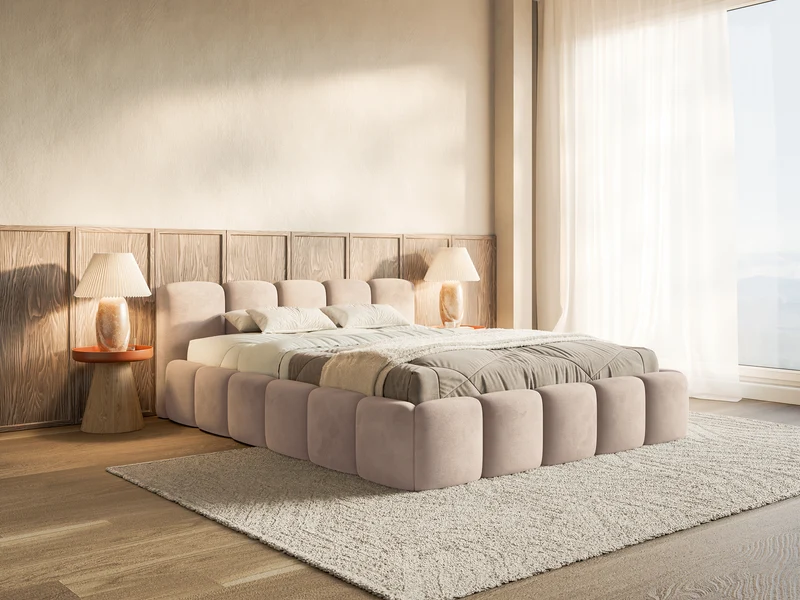 Polsterbett 160x200 cm Cloudy Low mit Stauraum, beige, Velours, wasserabweisend, pflegeleicht, Metallrahmen