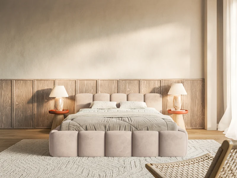 Polsterbett 160x200 cm Cloudy Low mit Stauraum, beige, Velours, wasserabweisend, pflegeleicht, Metallrahmen