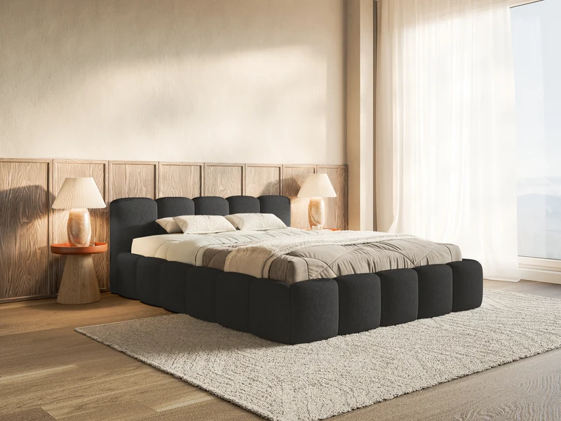 Gepolstertes Bett 160x200 cm Cloudy Low, graphitfarben, hydrophobes Chenille, Holzrahmen