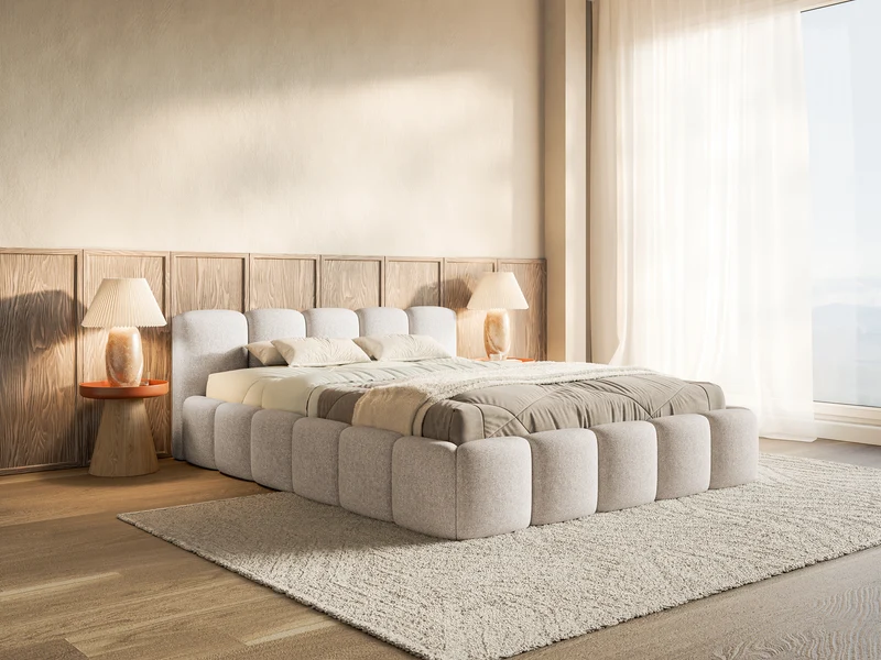 Polsterbett 160x200 cm Cloudy Low mit Stauraum, hellbeiger hydrophober Chenille-Stoff, Metallrahmen