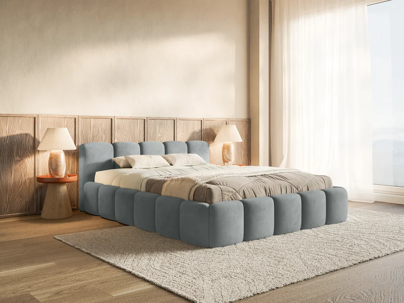 Gepolstertes Bett 140x200 cm Cloudy Low mit Stauraum, grauer Veloursstoff, wasserabweisend, pflegeleicht, Metallrahmen