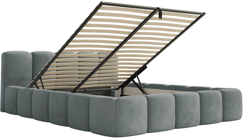 Gepolstertes Bett 140x200 cm Cloudy Low mit Stauraum, grauer Veloursstoff, wasserabweisend, pflegeleicht, Metallrahmen