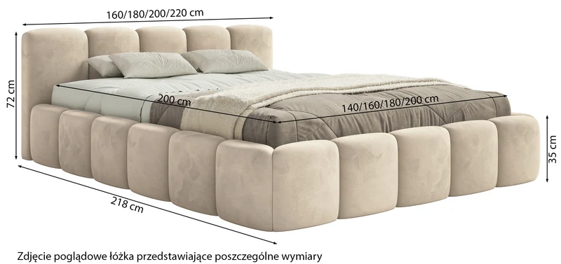 Gepolstertes Bett 140x200 cm Cloudy Low mit Stauraum, grauer Veloursstoff, wasserabweisend, pflegeleicht, Metallrahmen