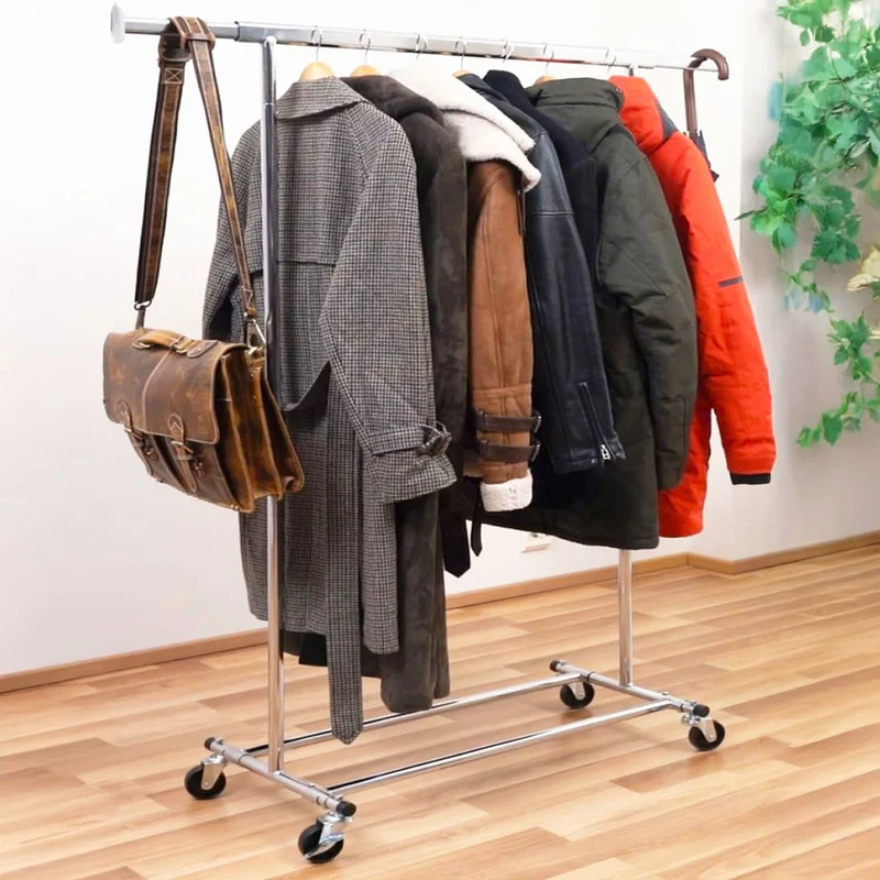 Tatkraft Danko – Kleiderständer auf Rollen, bis 100 kg, Schwerlast-Kleiderständer, Klappbar, Kleiderstange 91–132×45,5×160 cm, verchromter Stahl