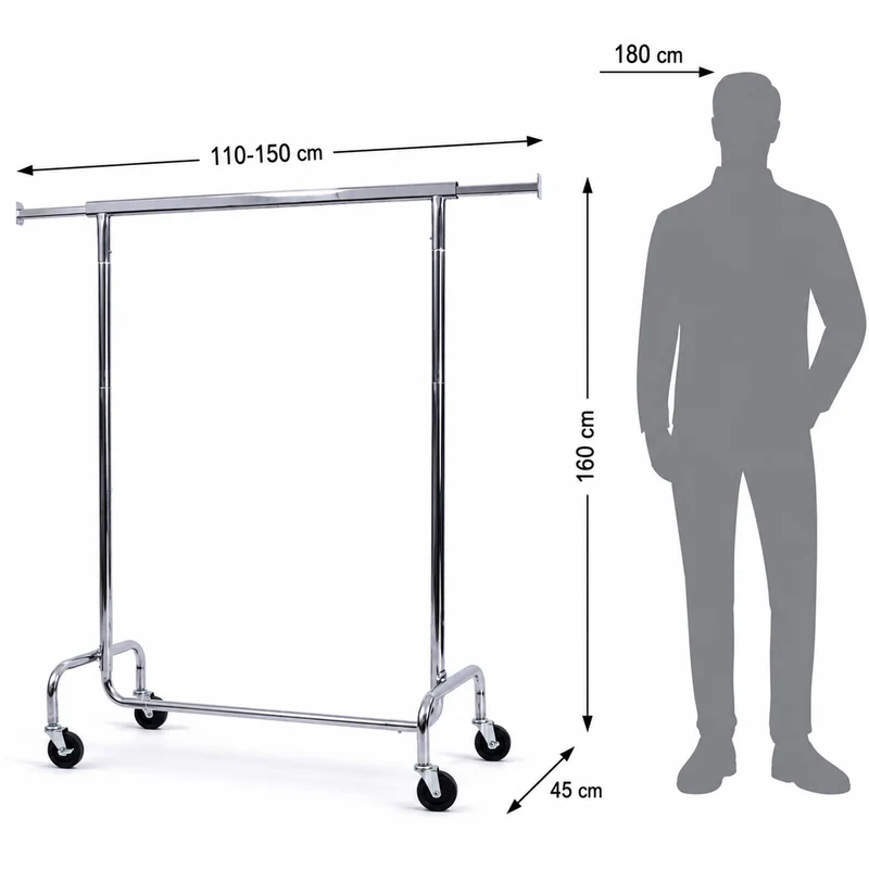 Tatkraft Didrik Schwerlast-Kleiderständer, bis 130 kg, Kleiderständer Stabil auf Rollen, 110–150×45×160cm, verchromter Stahl, Garderobenständer Profi