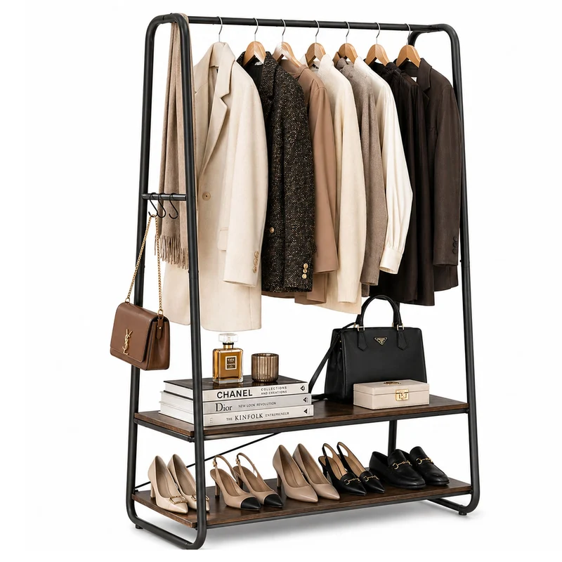 Tatkraft Anneli – Schwerlast-Kleiderständer, bis 170 kg, 100×45×160 cm, Garderobenständer Stabil, mit 2 Ablagen, 6 S-Haken, Schwarz/Rustikalbraun