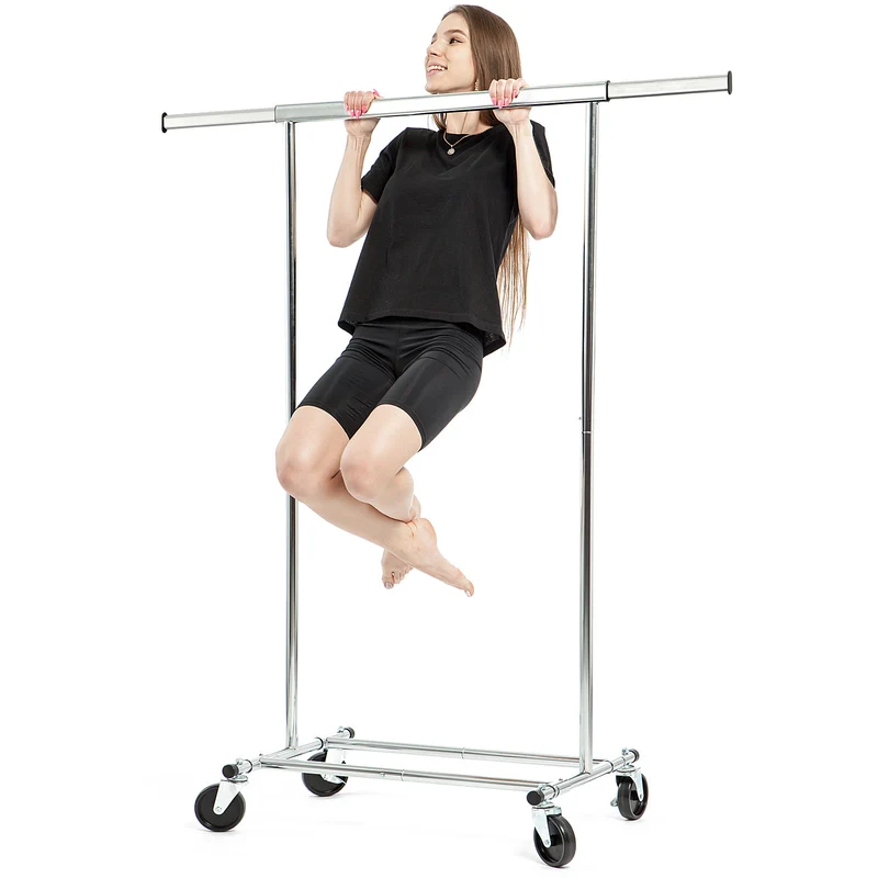 Tatkraft Darren Kleiderständer Stabil auf Rollen, bis 100 kg, Klappbar, Montage in 1 Min, Kleiderstange 91–132×45,4×160cm, verchromter Stahl