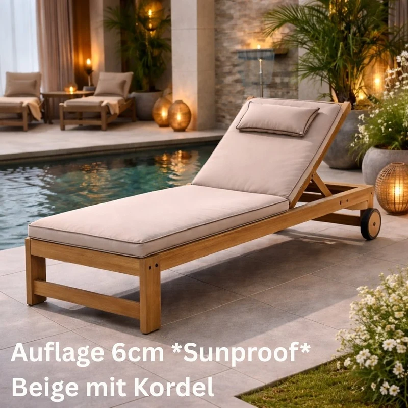 Teak Sonnenliege LUKA 200cm mit Rollen – verstellbar Gartenliege