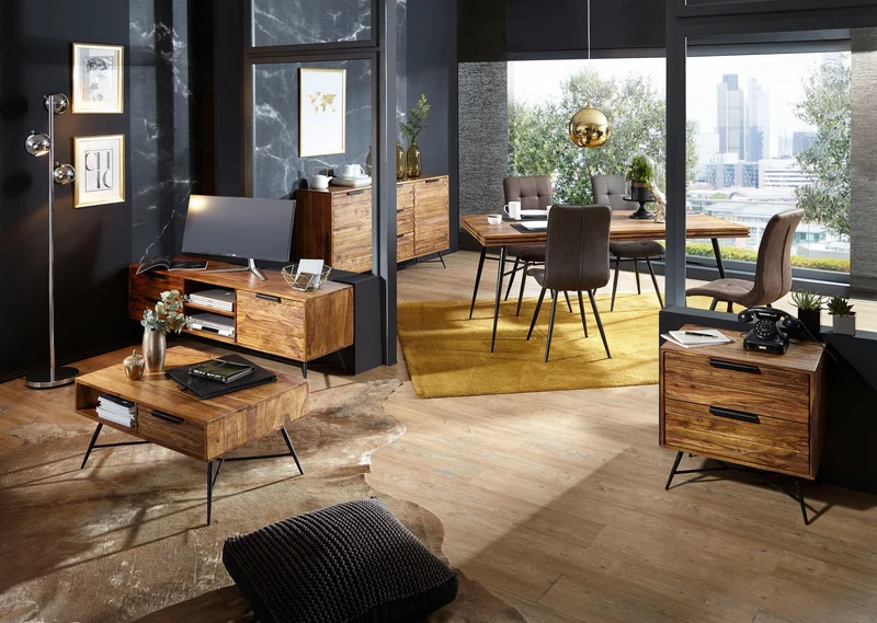 Sideboard NISHAN 160x40x88cm Sheesham Massivholz Industrial Stil