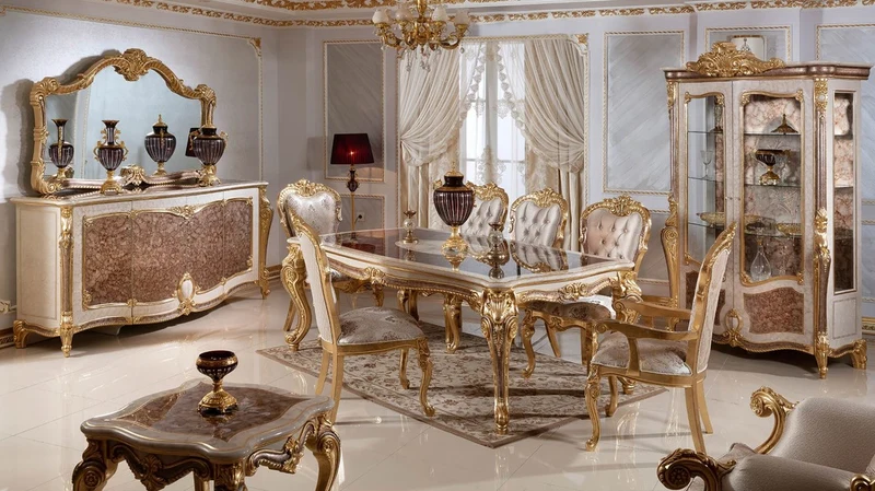 Casa Padrino Luxus Barock Esszimmer Set Weiß / Silber / Braun / Gold - 1 Barock Esstisch & 6 Barock Esszimmerstühle - Barock Esszimmer Möbel - Edel & Prunkvoll