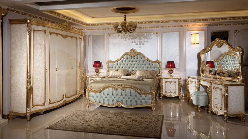 Casa Padrino Luxus Barock Schlafzimmer Set Hellblau / Weiß / Beige / Gold - 1 Doppelbett mit Kopfteil & 2 Nachtkommoden - Schlafzimmer Möbel im Barockstil - Edel & Prunkvoll