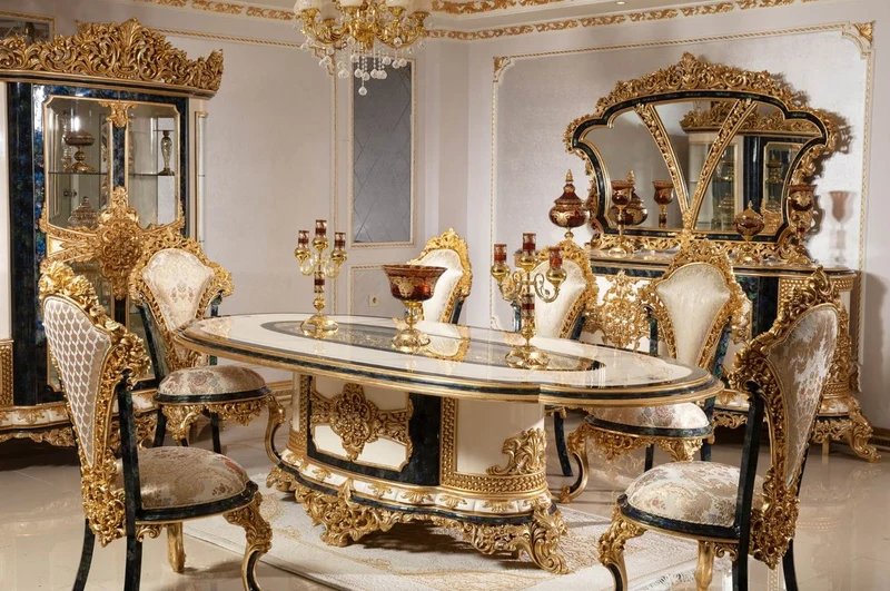 Casa Padrino Luxus Barock Esszimmer Set Weiß / Mehrfarbig / Blau / Gold - 1 Barock Esstisch & 6 Barock Esszimmerstühle - Barock Esszimmer Möbel - Edel & Prunkvoll