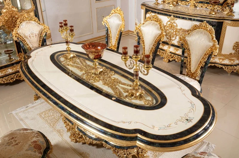Casa Padrino Luxus Barock Esszimmer Set Weiß / Mehrfarbig / Blau / Gold - 1 Barock Esstisch & 6 Barock Esszimmerstühle - Barock Esszimmer Möbel - Edel & Prunkvoll