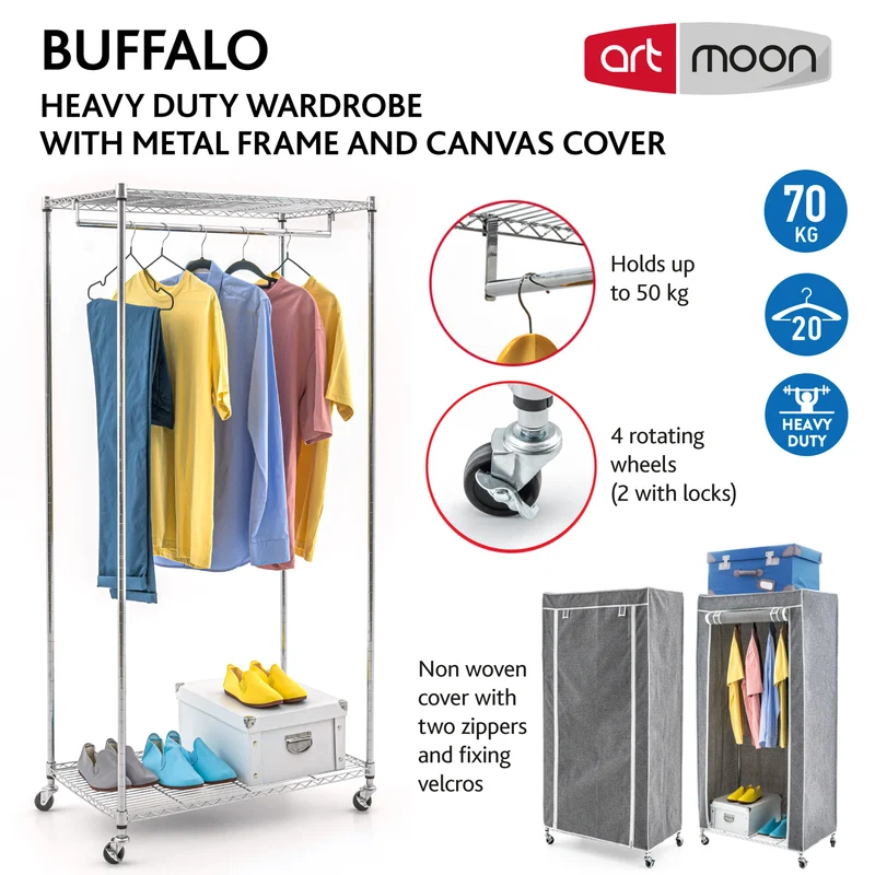 Art Moon Buffalo – Schwerlast Faltschrank mit Rollen, bis 70 kg, Kleiderständer, Mobiler Kleiderschrank mit 2 Ablagen und Kleiderstange, Stahl, Grau
