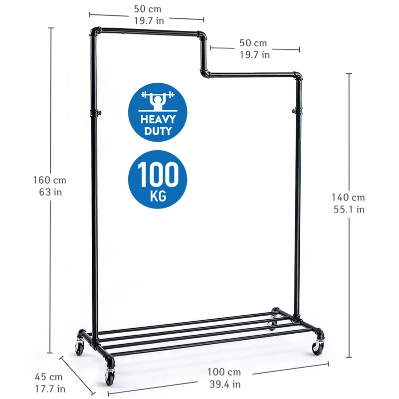 Tatkraft Tube - Kleiderständer Stabil, Garderobenständer mit Ablage, Rollgarderobe, bis 100 kg, im Industriedesign, Schwarz
