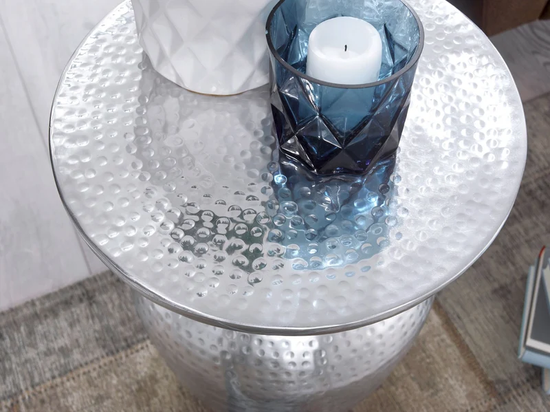 Beistelltisch Aluminium Silber rund orientalisch modern Hammerschlag