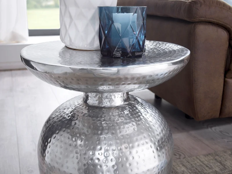 Beistelltisch Aluminium Silber rund orientalisch modern Hammerschlag