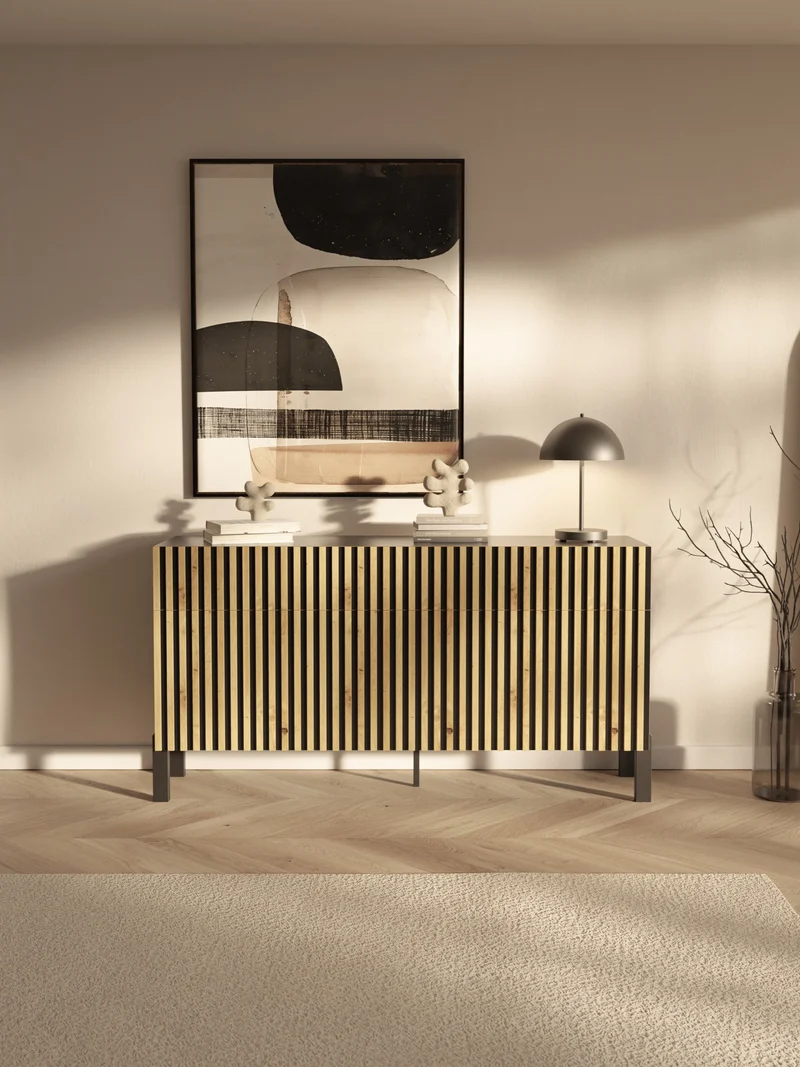 Drehtür-Kommode Telire 154 cm mit drei Schubladen und Lamellenfront, schwarz/Artisan-Eiche