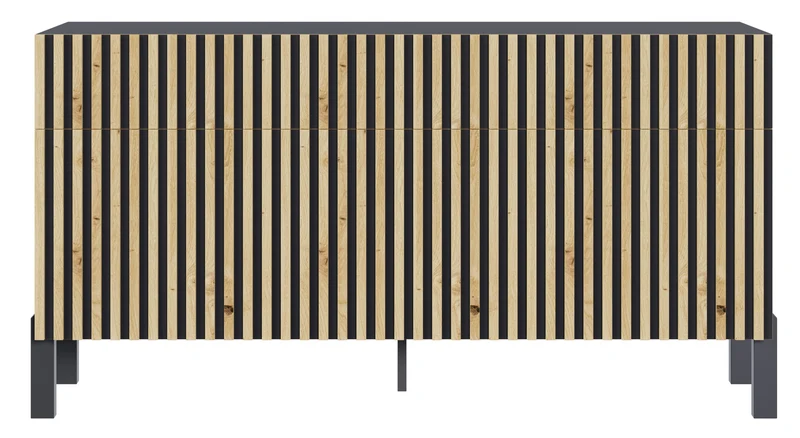 Drehtür-Kommode Telire 154 cm mit drei Schubladen und Lamellenfront, schwarz/Artisan-Eiche
