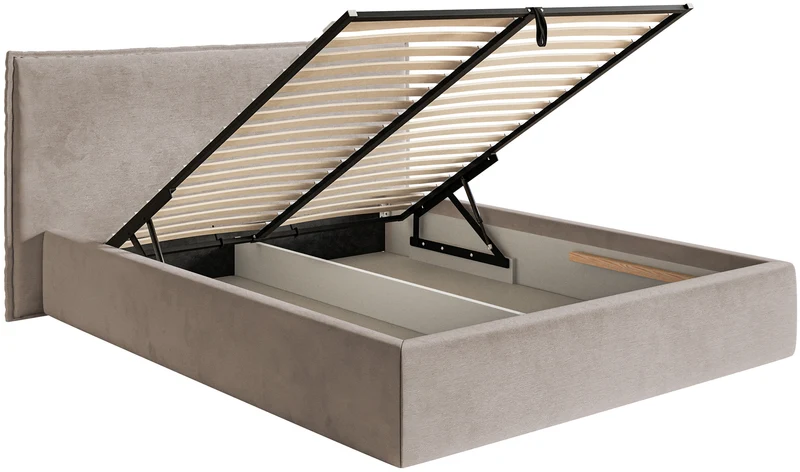 Gepolstertes Bett 140x200 cm Softie mit Stauraum, grau-brauner Velours, wasserabweisend, Metallrahmen