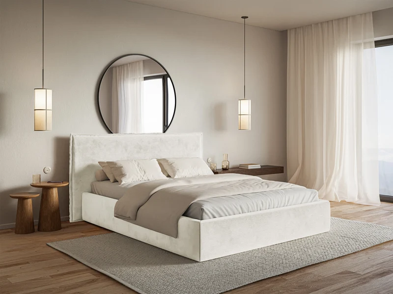 Polsterbett 140x200 cm Softie mit Stauraum, grau-beiges Velours, hydrophob, Metallrahmen