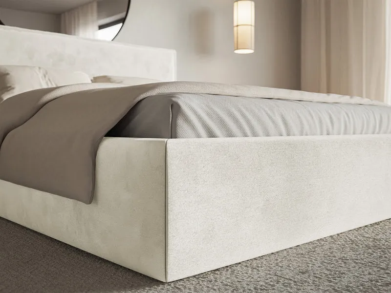 Polsterbett 140x200 cm Softie mit Stauraum, grau-beiges Velours, hydrophob, Metallrahmen