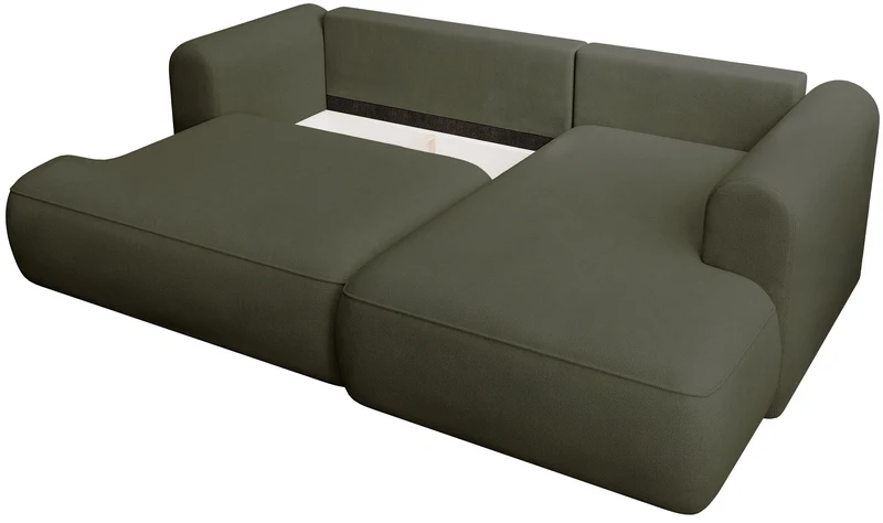 Ecksofa mit Schlaffunktion Ovo mini, L-förmig, rechtsseitig, olivgrüner Chenille-Stoff, pflegeleicht