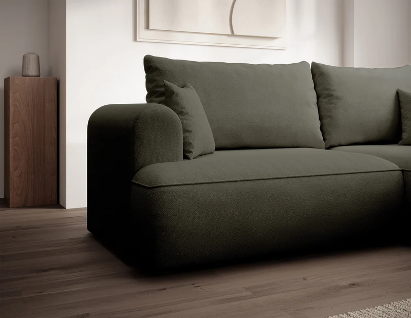 Ecksofa mit Schlaffunktion Ovo mini, L-förmig, rechtsseitig, olivgrüner Chenille-Stoff, pflegeleicht