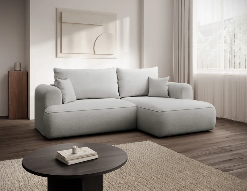 Ecksofa mit Schlaffunktion Ovo Mini, L-förmig, rechtsseitig, mit Stauraum, beige Chenille, pflegeleicht