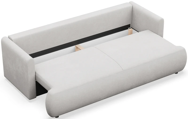Dreisitziges ausklappbares Sofa Ovo Mini mit Stauraum, hellgrauer Chenille-Stoff, pflegeleicht