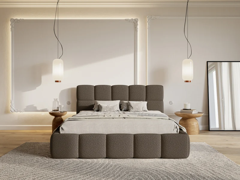 Gepolstertes Bett 120x200 cm Cloudy mit Stauraum, Metallrahmen, braunes Bouclé