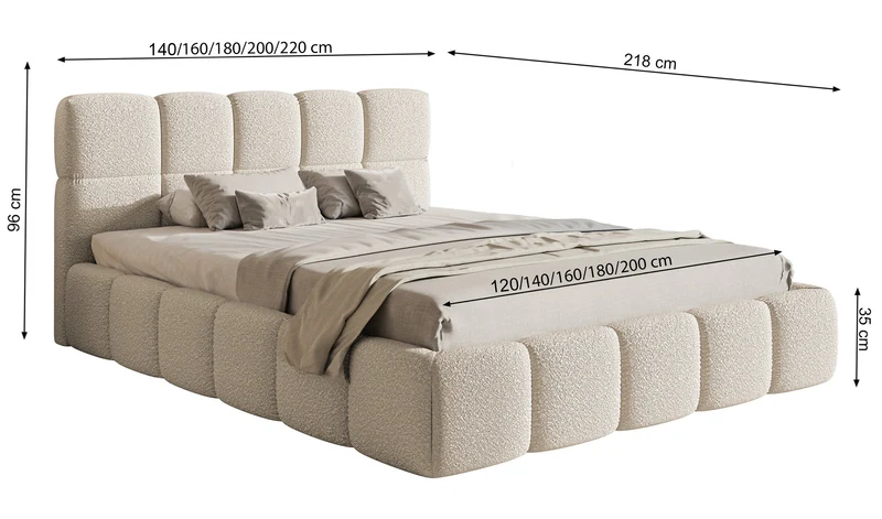 Gepolstertes Bett 120x200 cm Cloudy mit Stauraum, Metallrahmen, hellbeiger Velours, wasserabweisend und pflegeleicht