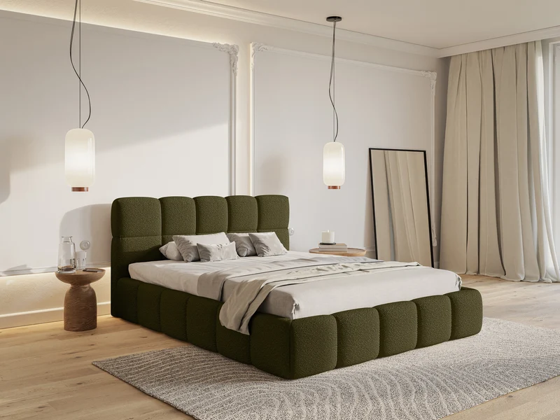 Polsterbett 120x200 cm Cloudy mit Stauraum, Metallrahmen, olivfarbenes Bouclé