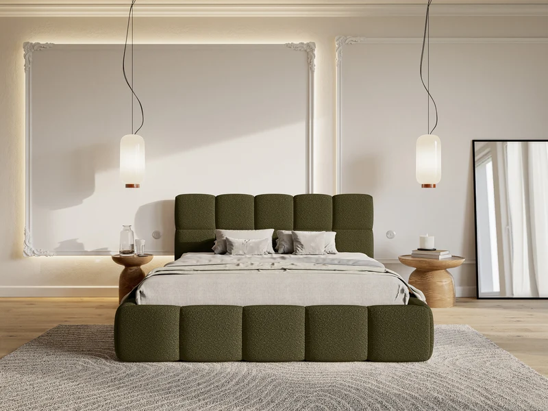 Polsterbett 120x200 cm Cloudy mit Stauraum, Metallrahmen, olivfarbenes Bouclé