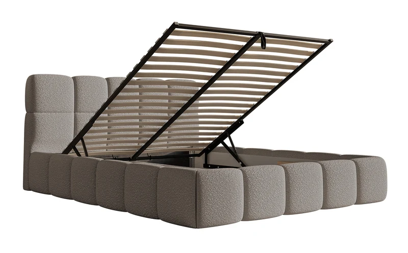 Gepolstertes Bett 120x200 cm Cloudy mit Stauraum, Metallrahmen, grauer Bouclé-Stoff