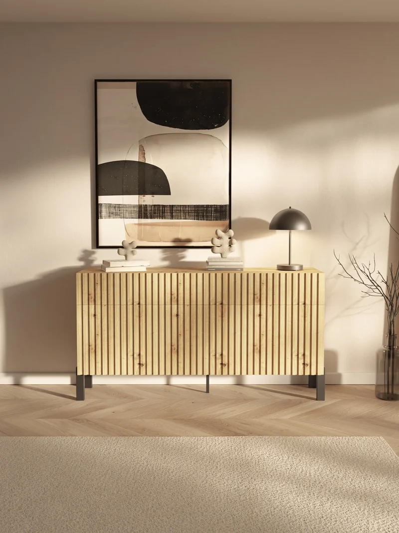 Drehtür-Kommode Telire 154 cm mit drei Schubladen und lamellenförmiger Front in Artisan-Eiche