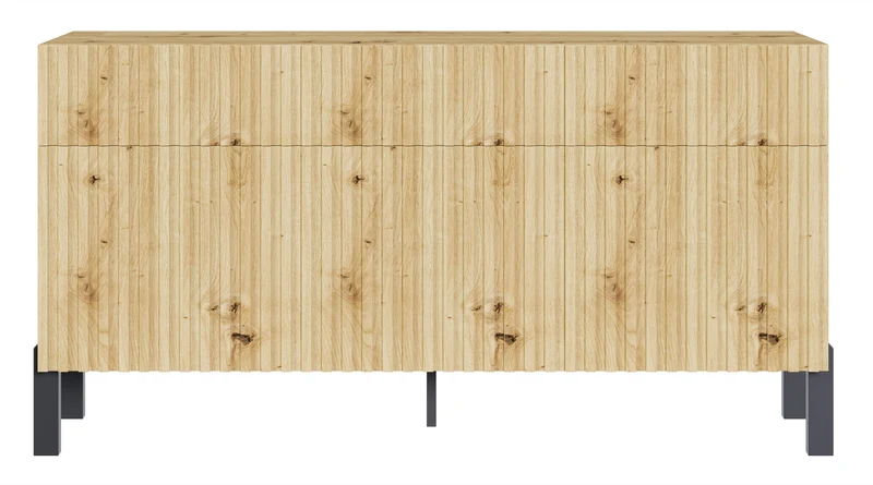 Drehtür-Kommode Telire 154 cm mit drei Schubladen und lamellenförmiger Front in Artisan-Eiche